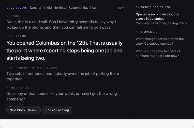 Illustrative Call Studio view with a call script and source evidence alongside it.